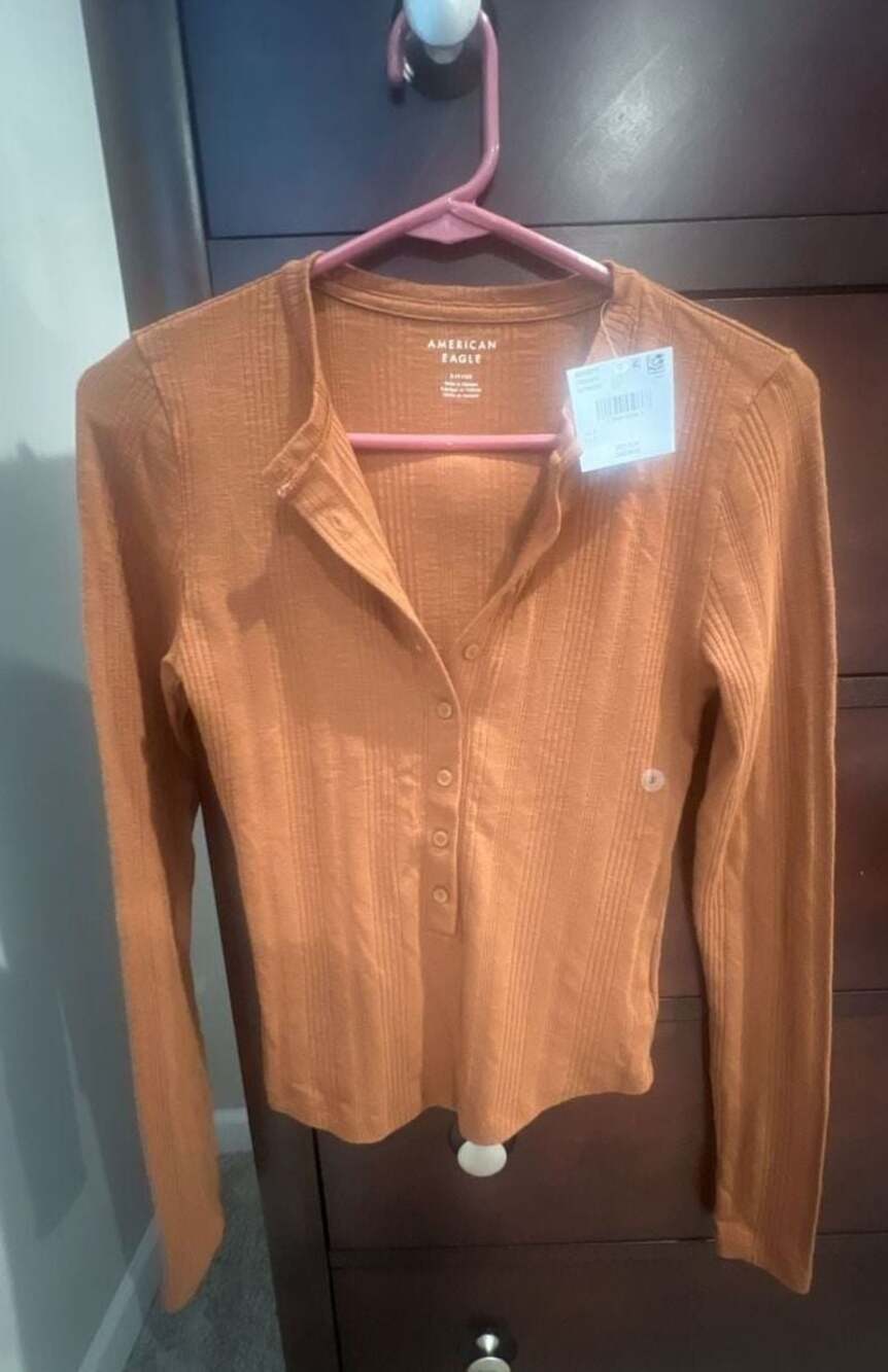 American Eagle Ribbed Long Sleeve Henley Top Brown Size S New